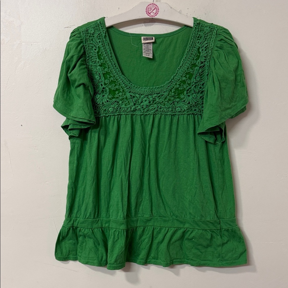 Green Crochet-Trim Peasant Top - Charming Casual Tee y2k